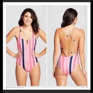 Target striped one piece swimsuit pink open back M